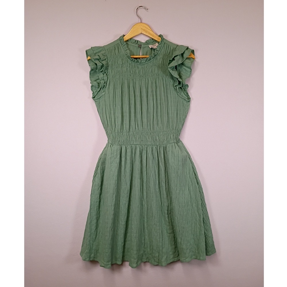 Cottagecore J.Crew Womens XS Sage Green Smocked Ruffle Cotton Mini Dress Pockets